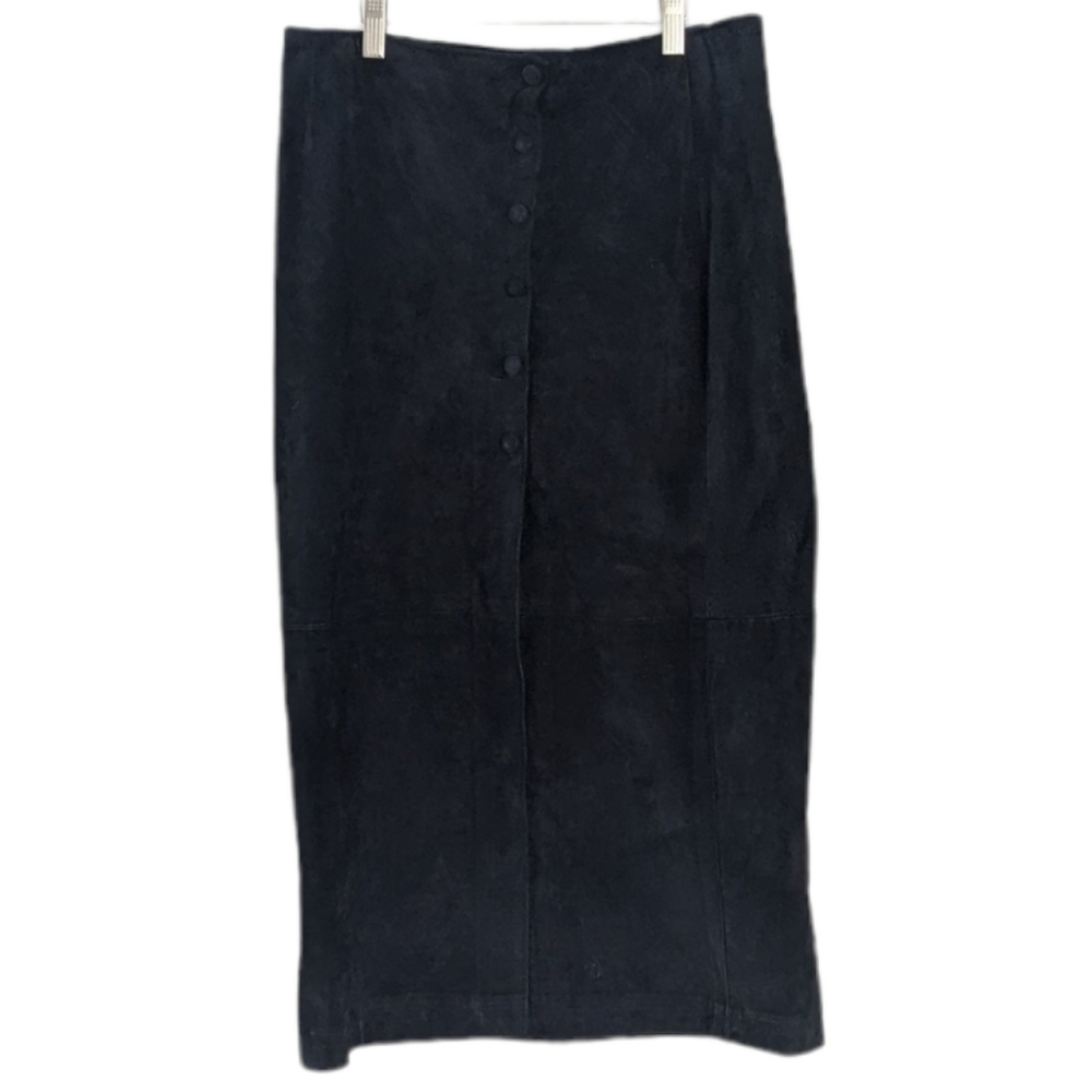 Vintage real suede buttons down midi maxi skirt black size Small @K1